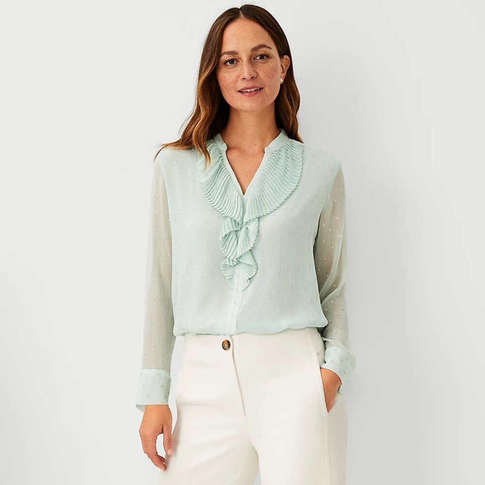 Ann Taylor Petite Light Mint Green Ruffle V-Neck Blouse